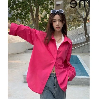 Áo sơ mi nữ rộng dài tay hồng sen vải đũi - giá chỉ 106.135 VND, giảm mạnh
