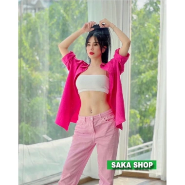 Áo sơ mi nữ rộng dài tay hồng sen vải đũi - giá chỉ 106.135 VND, giảm mạnh