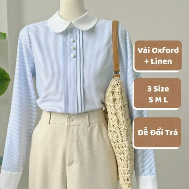 Áo Sơ Mi Nữ Tay Dài Công Sở Hàn Quốc Kẻ Sọc Xanh Cổ Sen Phối Nút - Giá 205k