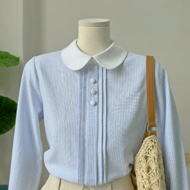 Áo Sơ Mi Nữ Tay Dài Công Sở Hàn Quốc Kẻ Sọc Xanh Cổ Sen Phối Nút - Giá 205k 6