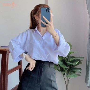 Áo sơ mi nữ tay dài học sinh form rộng basic trắng cổ V bẻ trụ cotton lanh không túi 82.999₫ 3