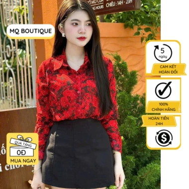 Áo sơ mi nữ tơ đính đá hoa họa tiết, màu đỏ đen MQ Boutique, Giá 289.000₫