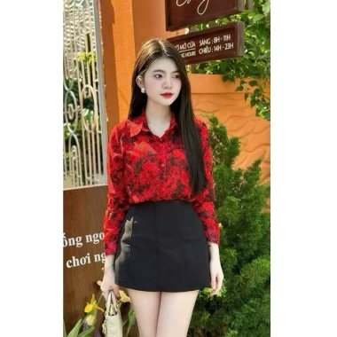 Áo sơ mi nữ tơ đính đá hoa họa tiết, màu đỏ đen MQ Boutique, Giá 289.000₫