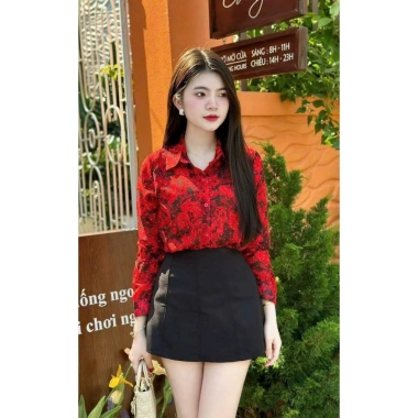 Áo sơ mi nữ tơ đính đá hoa họa tiết, màu đỏ đen MQ Boutique, Giá 289.000₫