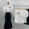 Áo sơ mi nữ trắng oxatyl tay bồng, cotton co dãn nhẹ, phụ kiện hoa cao cấp, giảm còn 225k 4