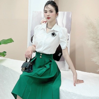 Áo sơ mi nữ trắng oxatyl tay bồng, cotton co dãn nhẹ, phụ kiện hoa cao cấp, giảm còn 225k