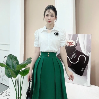 Áo sơ mi nữ trắng oxatyl tay bồng, cotton co dãn nhẹ, phụ kiện hoa cao cấp, giảm còn 225k