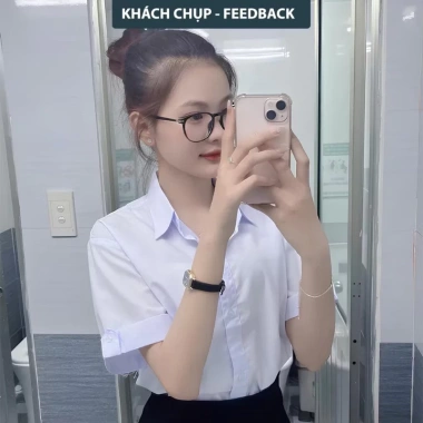 Áo sơ mi nữ trắng tay ngắn, tay lỡ - Vải Kate cấp 1-3, vạc bầu, giá 89.000 VND