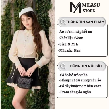 Áo sơ mi nữ yếm thắt dây nơ Milasu - dài tay, cổ bẻ, dáng ngắn, giảm giá 179k 2