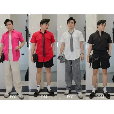 Áo sơ mi POLI tay ngắn form rộng chất liệu kaki, thoải mái, giá 600.000 VND