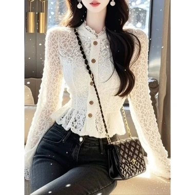 Áo sơ mi ren dài tay thắt eo, phối bên trong, thời trang nữ - Giá 256.811₫ 2
