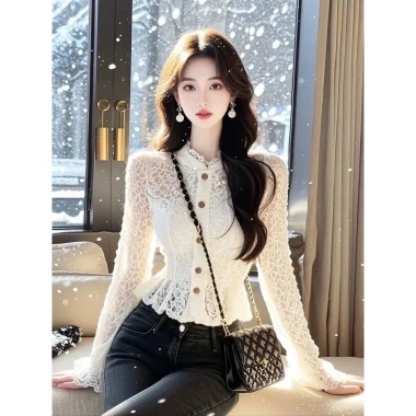 Áo sơ mi ren dài tay thắt eo, phối bên trong, thời trang nữ - Giá 256.811₫ 3