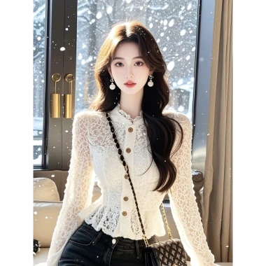 Áo sơ mi ren dài tay thắt eo, phối bên trong, thời trang nữ - Giá 256.811₫ 5