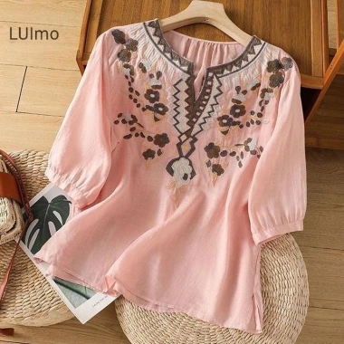 Áo sơ mi retro dân tộc thêu họa tiết, cotton và vải lanh, phong cách mùa hè - Giá chỉ 154.331 đ 2