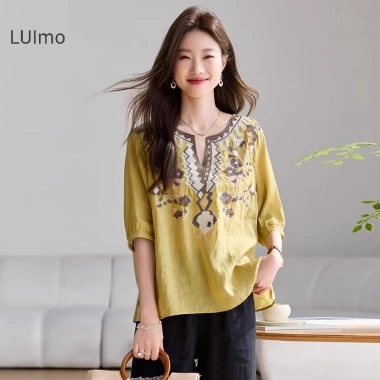 Áo sơ mi retro dân tộc thêu họa tiết, cotton và vải lanh, phong cách mùa hè - Giá chỉ 154.331 đ 3