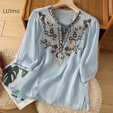 Áo sơ mi retro dân tộc thêu họa tiết, cotton và vải lanh, phong cách mùa hè - Giá chỉ 154.331 đ 6