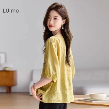 Áo sơ mi retro dân tộc thêu họa tiết, cotton và vải lanh, phong cách mùa hè - Giá chỉ 154.331 đ 7