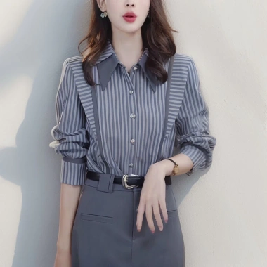 Áo sơ mi sọc nữ tay dài Hàn Quốc, plus size rời công sở màu xám cao cấp - giảm 20%
