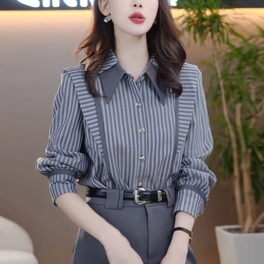 Áo sơ mi sọc nữ tay dài Hàn Quốc, plus size rời công sở màu xám cao cấp - giảm 20%