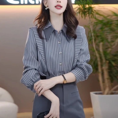 Áo sơ mi sọc nữ tay dài Hàn Quốc, plus size rời công sở màu xám cao cấp - giảm 20%