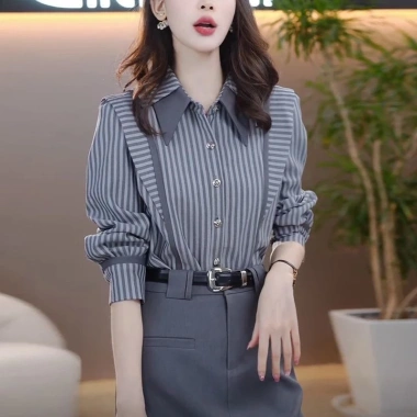 Áo sơ mi sọc nữ tay dài Hàn Quốc, plus size rời công sở màu xám cao cấp - giảm 20%