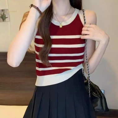 Áo sơ mi tank top sọc dệt kim slim fit phong cách Hàn Quốc mùa hè, giá 101.736 VND