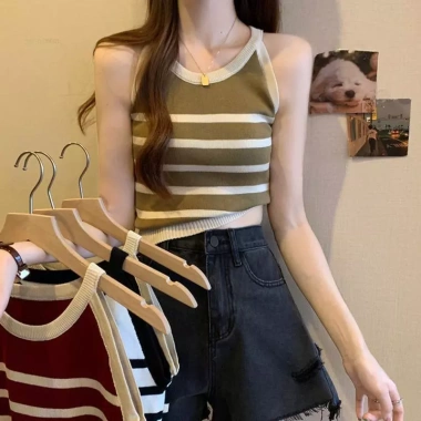 Áo sơ mi tank top sọc dệt kim slim fit phong cách Hàn Quốc mùa hè, giá 101.736 VND
