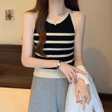 Áo sơ mi tank top sọc dệt kim slim fit phong cách Hàn Quốc mùa hè, giá 101.736 VND