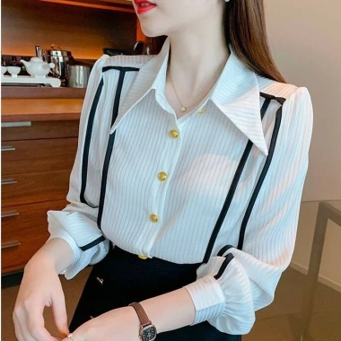 Áo sơ mi tay dài dáng rộng kẻ sọc thời trang công sở Hàn Quốc nữ - 311.943₫