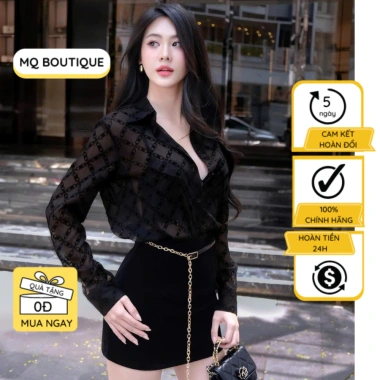 Áo sơ mi tay dài phối nhung MQ Boutique, họa tiết xích tròn, nền đen mềm – Giá ưu đãi 218.700₫