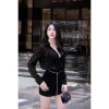 Áo sơ mi tay dài phối nhung MQ Boutique, họa tiết xích tròn, nền đen mềm – Giá ưu đãi 218.700₫ 3