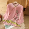 Áo sơ mi thêu vải lanh cotton mùa hè phong cách Trung Quốc sườn xám nút ếch 2