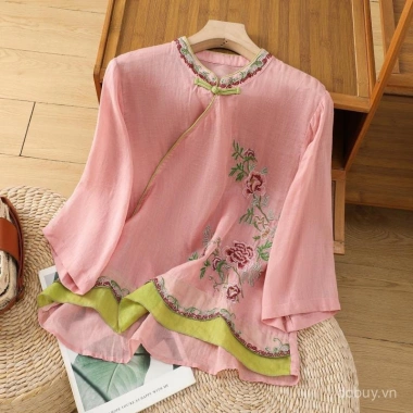 Áo sơ mi thêu vải lanh cotton mùa hè phong cách Trung Quốc sườn xám nút ếch 2 Áo sơ mi thêu vải lanh cotton mùa hè phong cách Trung Quốc sườn xám nút ếch 2