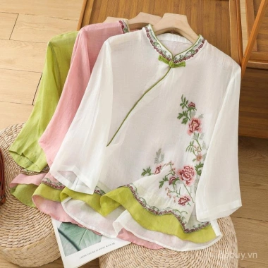 Áo sơ mi thêu vải lanh cotton mùa hè phong cách Trung Quốc sườn xám nút ếch 4 Áo sơ mi thêu vải lanh cotton mùa hè phong cách Trung Quốc sườn xám nút ếch 4