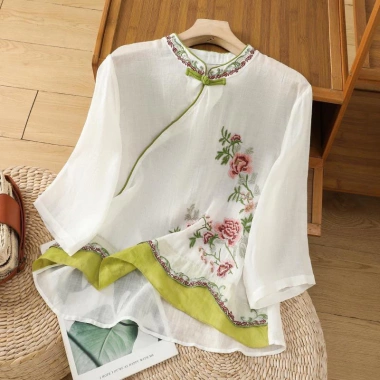 Áo sơ mi thêu vải lanh cotton mùa hè phong cách Trung Quốc sườn xám nút ếch 10 Áo sơ mi thêu vải lanh cotton mùa hè phong cách Trung Quốc sườn xám nút ếch 10