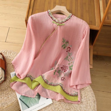 Áo sơ mi thêu vải lanh cotton mùa hè phong cách Trung Quốc sườn xám nút ếch 12 Áo sơ mi thêu vải lanh cotton mùa hè phong cách Trung Quốc sườn xám nút ếch 12