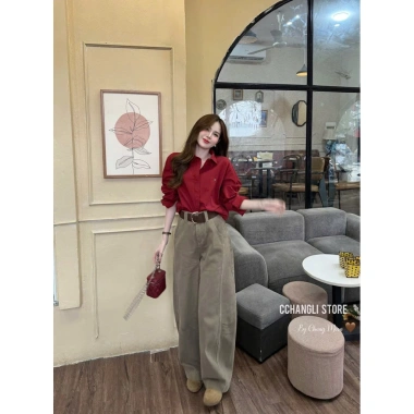 Áo sơ mi thô tay dài dáng rộng màu đỏ trơn, thêu tag nhỏ Qcl1 - giảm giá 18% 3