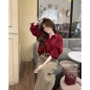 Áo sơ mi thô tay dài dáng rộng màu đỏ trơn, thêu tag nhỏ Qcl1 - giảm giá 18% 4