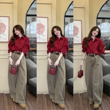 Áo sơ mi thô tay dài dáng rộng màu đỏ trơn, thêu tag nhỏ Qcl1 - giảm giá 18% 7