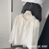 Áo sơ mi tơ be cổ V voan bèo, thắt dây nơ, tay bồng đính hoa QC - ulzzang tiểu thư Hàn 7