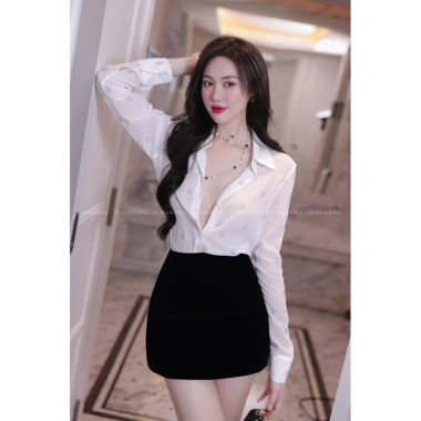 Áo sơ mi tơ voan đính nhũ MINAN BOUTIQUE đen trắng - Thiết kế cao cấp, giá ưu đãi 171k