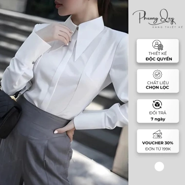 Áo sơ mi trắng cổ nhọn gân nổi ôm dáng công sở thanh lịch - Giá chỉ 308.000₫