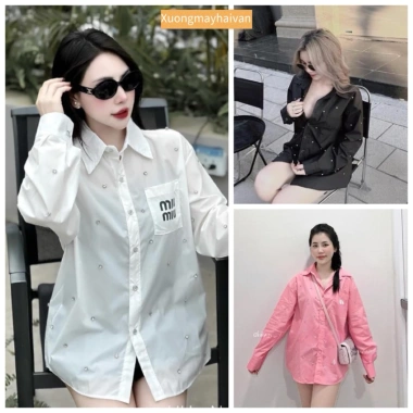 Áo sơ mi trắng đính đá chữ M, túi rộng chất thô siêu mềm, giá ưu đãi 149.999₫
