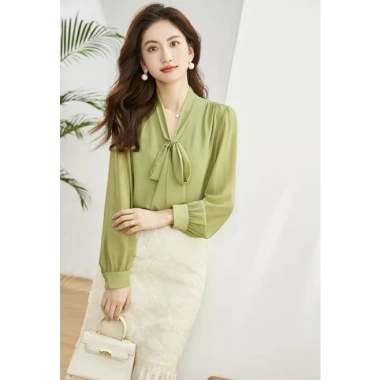 Áo sơ mi trung niên nữ công sở cổ chữ V thắt nơ thanh lịch, dịu dàng U30-U50
