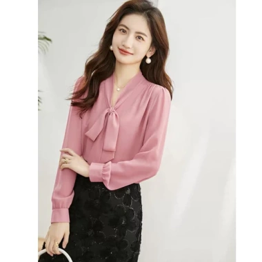 Áo sơ mi trung niên nữ công sở cổ chữ V thắt nơ thanh lịch, dịu dàng U30-U50 3 Áo sơ mi trung niên nữ công sở cổ chữ V thắt nơ thanh lịch, dịu dàng U30-U50 3