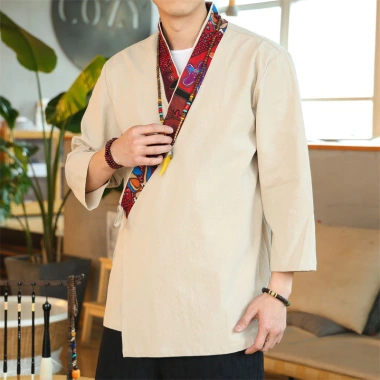 Áo sơ mi vải lanh cotton tay ba phong cách Trung Quốc Hanfu, cổ chéo, quần áo dân tộc - Giá 323.432₫