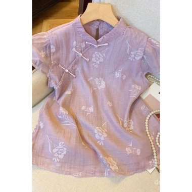 Áo sơ mi Voan họa tiết hoa mùa hè nữ Qipao Trung Hoa cổ tay ngắn thời trang 2 Áo sơ mi Voan họa tiết hoa mùa hè nữ Qipao Trung Hoa cổ tay ngắn thời trang 2