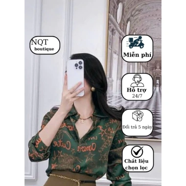 Áo sơmi nữ dài tay lụa Satin cao cấp NQT boutique công sở hoạ tiết chữ cam nền xanh rêu 163.500 VND