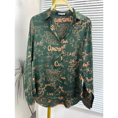 Áo sơmi nữ dài tay lụa Satin cao cấp NQT boutique công sở hoạ tiết chữ cam nền xanh rêu 163.500 VND