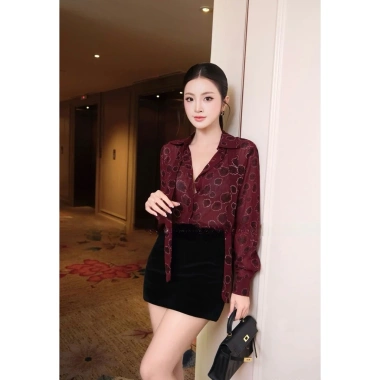 Áo sơmi nữ dài tay tơ kim tuyến họa tiết hoa đen nền đô mận - NQT boutique công sở trẻ trung, giảm giá 171.750 3